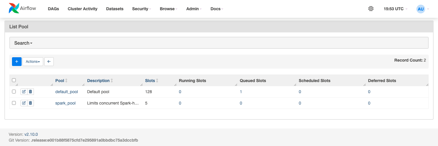 Airflow Pools admin page — default_pool with 128 slots and a custom spark_pool with 5 slots, both showing live Running/Queued/Scheduled/Deferred slot counts