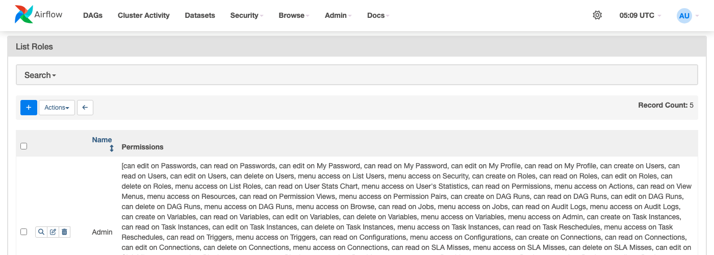 Airflow Security - List Roles - the 5 built-in roles, with the Admin role's full (large) permission set expanded