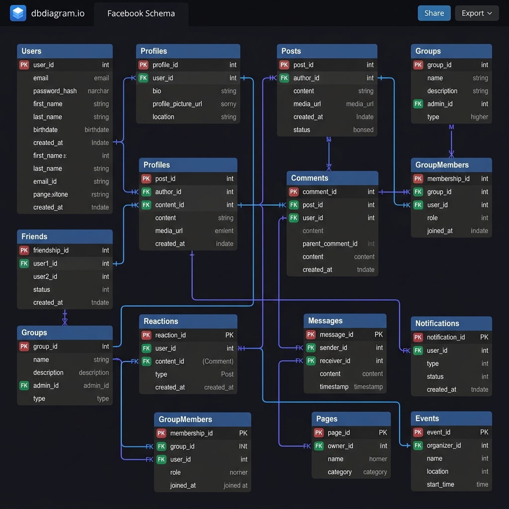 Facebook Database ERD Diagram