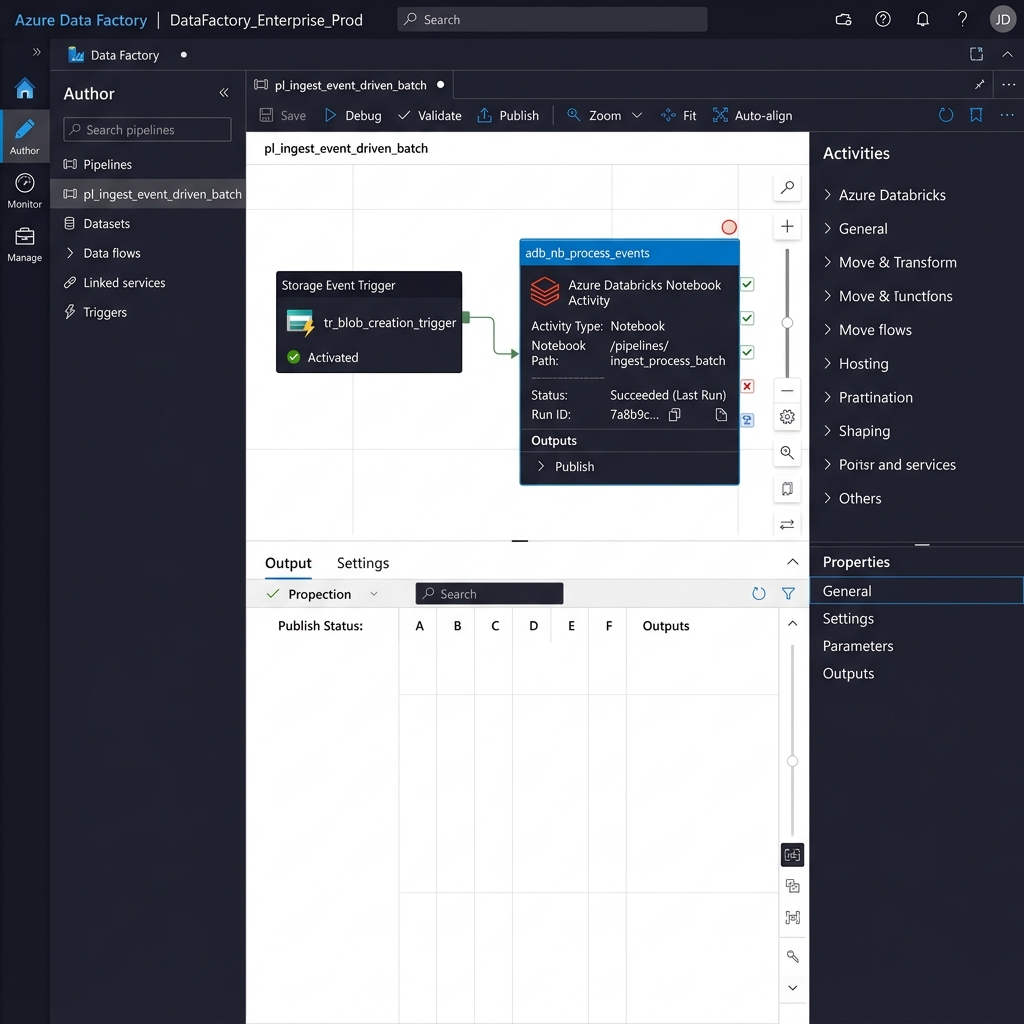 Azure Data Factory Studio — Pipeline Authoring & Storage Event Trigger