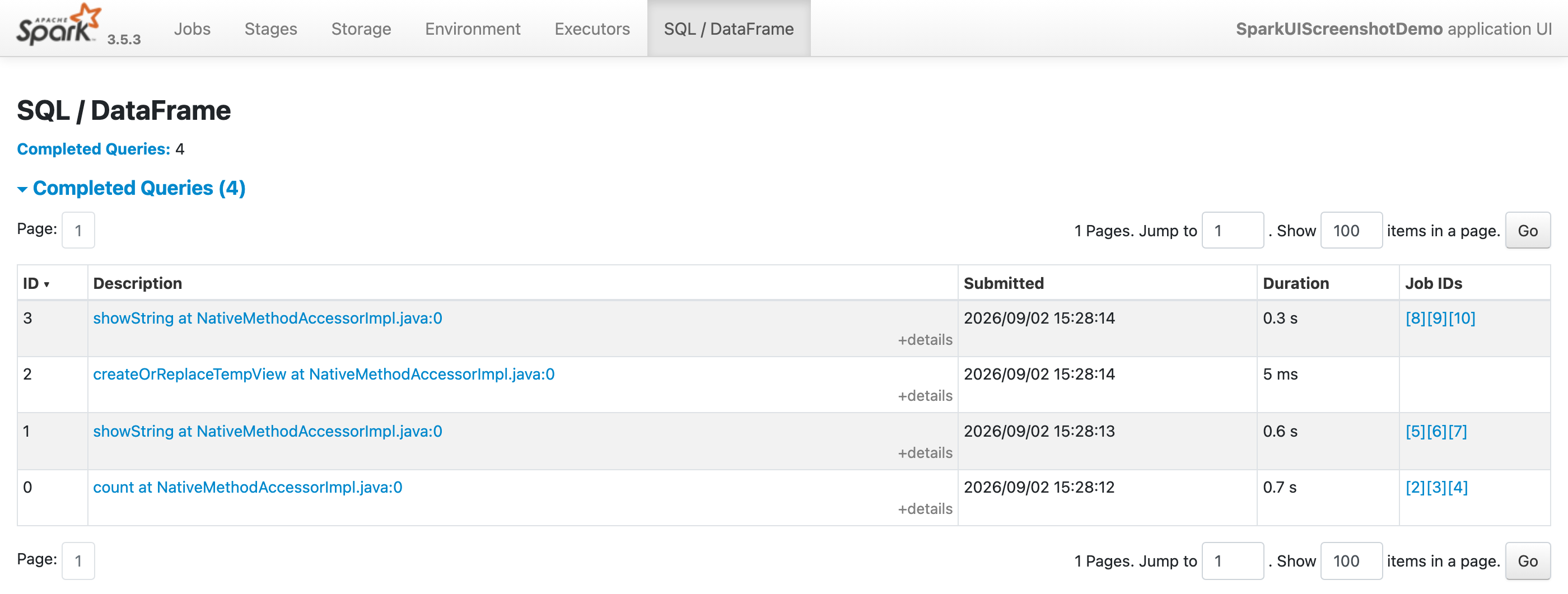 SQL Tab — every DataFrame/SQL query executed, with duration and the Job IDs it produced